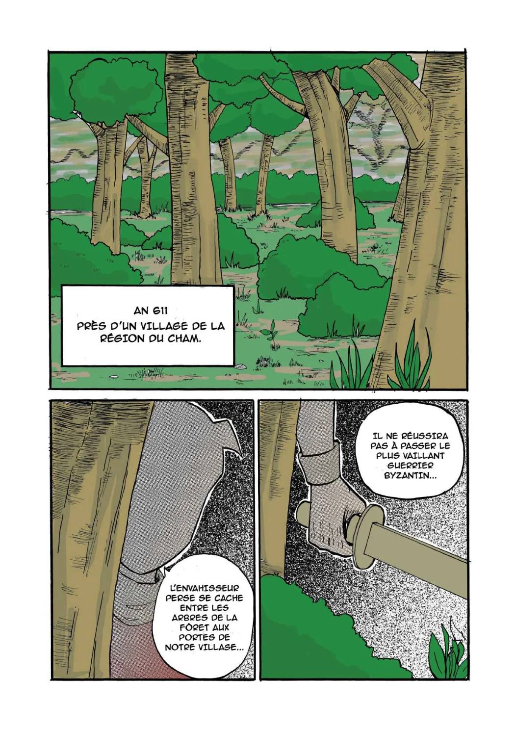 Première planche du tome 2, dans la forêt du Cham